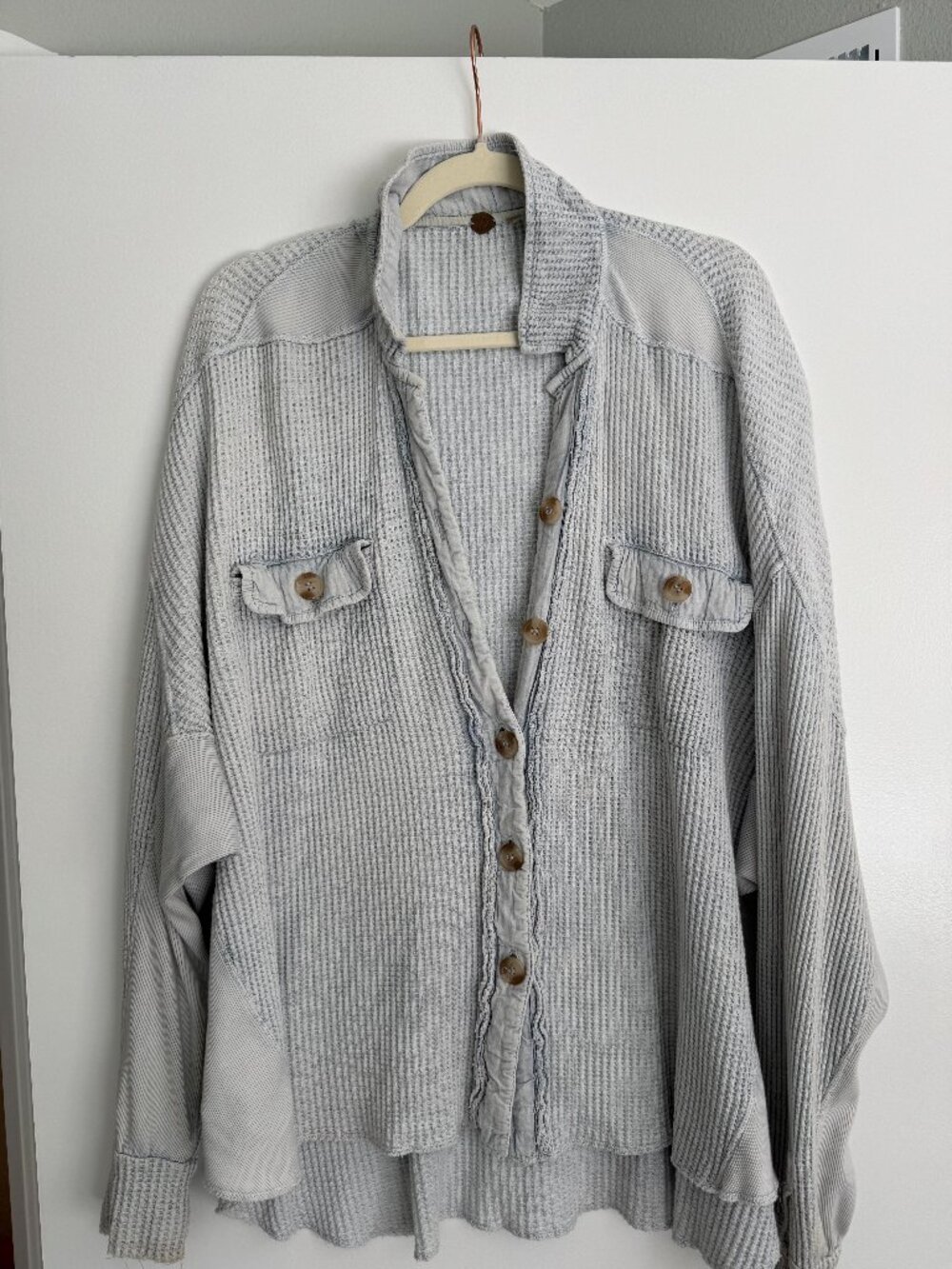 Free People Oversized Gray Waffle Thermal Button Down Shacket